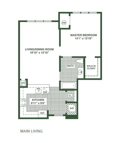 A floor plan of a main living area showing a master bedroom, a living/dining room, a kitchen, and a bathroom.